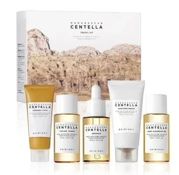 SKIN1004 Centella 5-Piece Skincare Travel Kit with cleanser, toner, ampoule, cream, and oil.