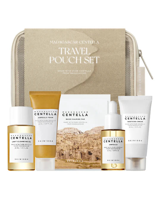 SKIN1004 Madagascar Centella Travel Pouch Set including cleanser, foam, pads, ampoule, and cream